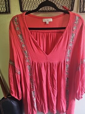 Umgee Coral Pink Embroidered V-Neck Boho Tunic
